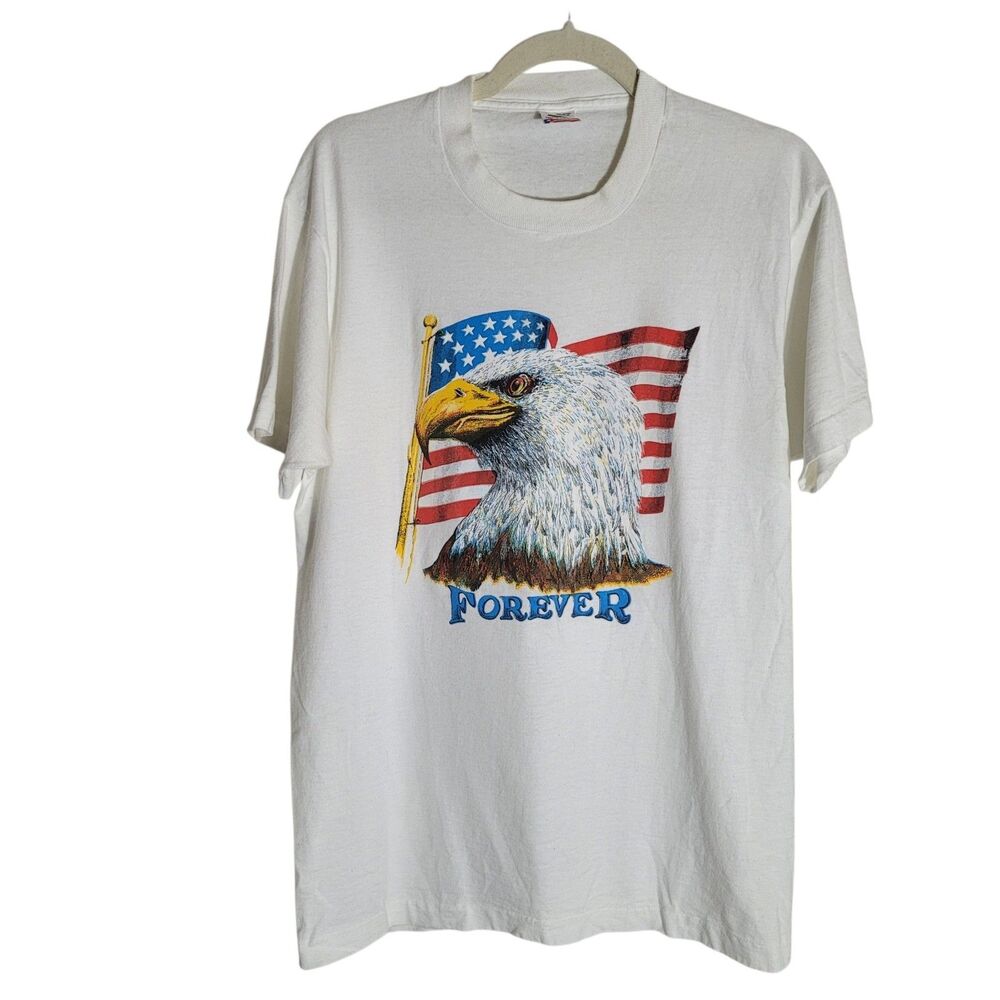 Fruit of the Loom Single Stitch Tee Shirt Large Eagle Flag USA 90s 4th of July